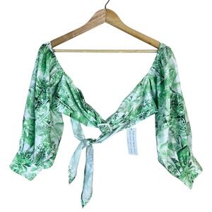 NWT Glamaker Tropical Palm Leaf Crop Top Green Vacation Balloon Sleeve Size M